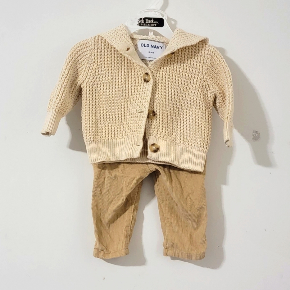 OLD NAVY SWEATER CARDIGAN CORDUROY PANTS CREAM TAN 3 6 MONTHS 2 PIECE